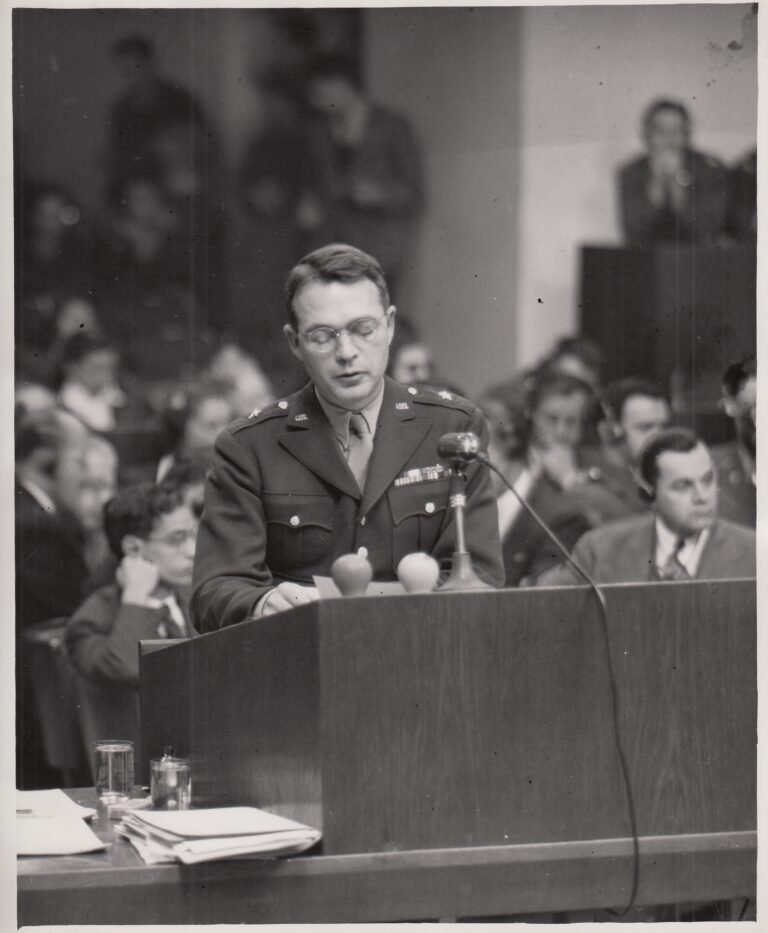 Brig. Gen. Telford Taylor presents the opening statement for the prosecution in the Doctors' Trial